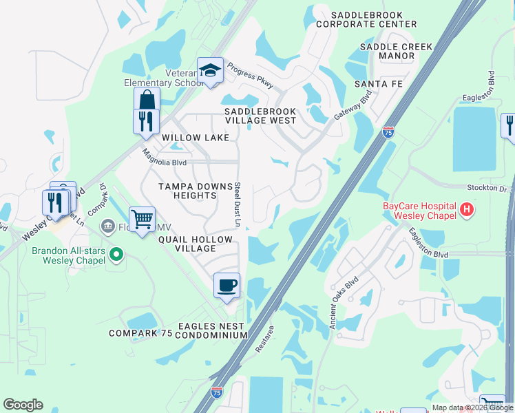 map of restaurants, bars, coffee shops, grocery stores, and more near 4710 Tealwood Trail in Wesley Chapel