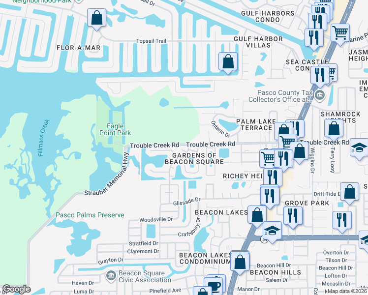 map of restaurants, bars, coffee shops, grocery stores, and more near 4459 Rustic Drive in New Port Richey
