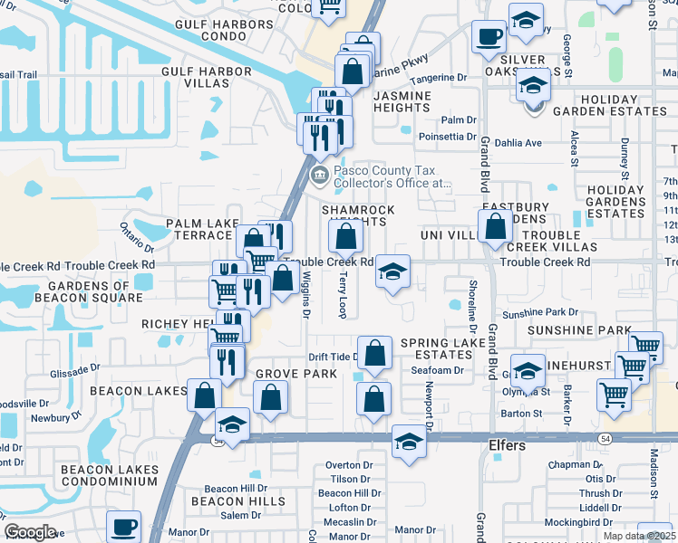 map of restaurants, bars, coffee shops, grocery stores, and more near 4403 Terry Loop in New Port Richey