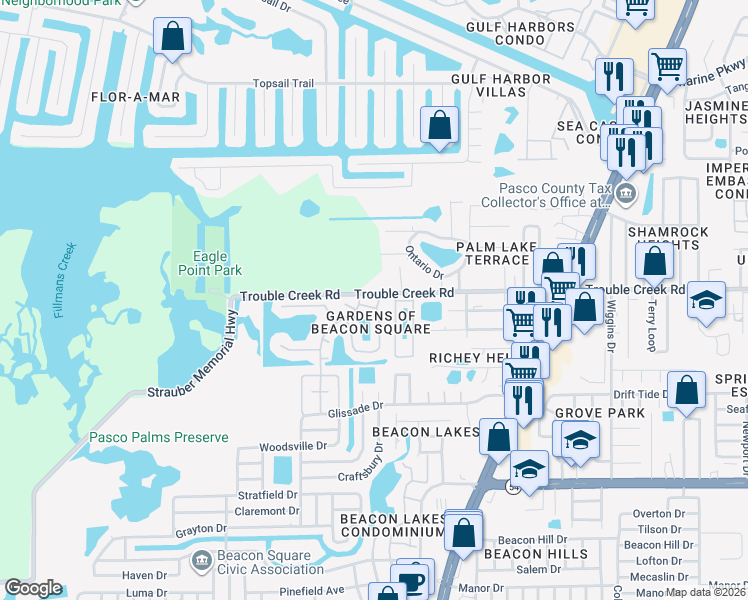 map of restaurants, bars, coffee shops, grocery stores, and more near 4448 Sunstate Drive in New Port Richey