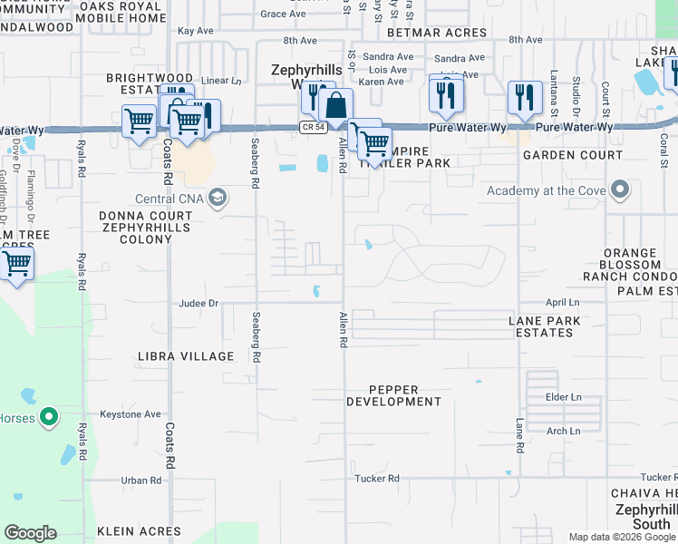 map of restaurants, bars, coffee shops, grocery stores, and more near 4573-4585 Allen Road in Zephyrhills