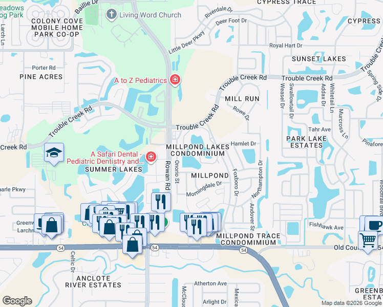 map of restaurants, bars, coffee shops, grocery stores, and more near 4408 Whitton Way in New Port Richey