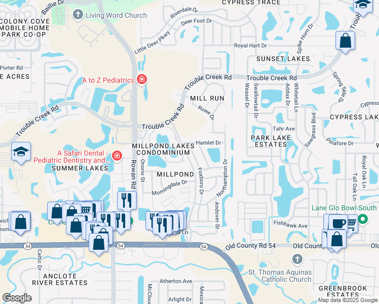 map of restaurants, bars, coffee shops, grocery stores, and more near 4449 Foxboro Drive in New Port Richey