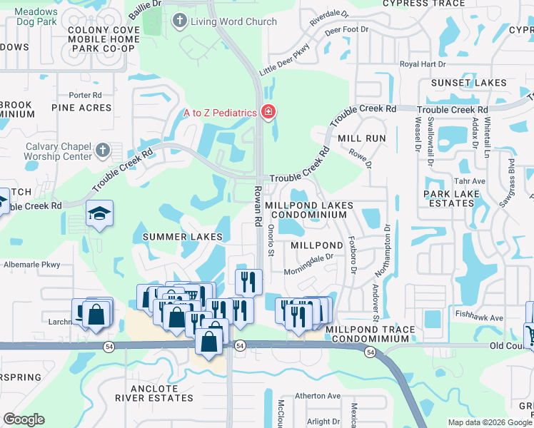 map of restaurants, bars, coffee shops, grocery stores, and more near 4449 Onorio Street in New Port Richey