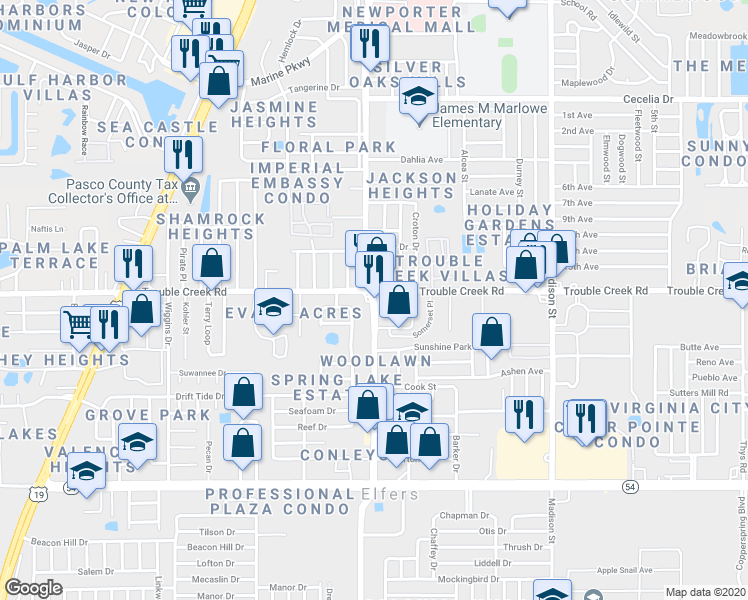 map of restaurants, bars, coffee shops, grocery stores, and more near 4474 Grand Boulevard in New Port Richey
