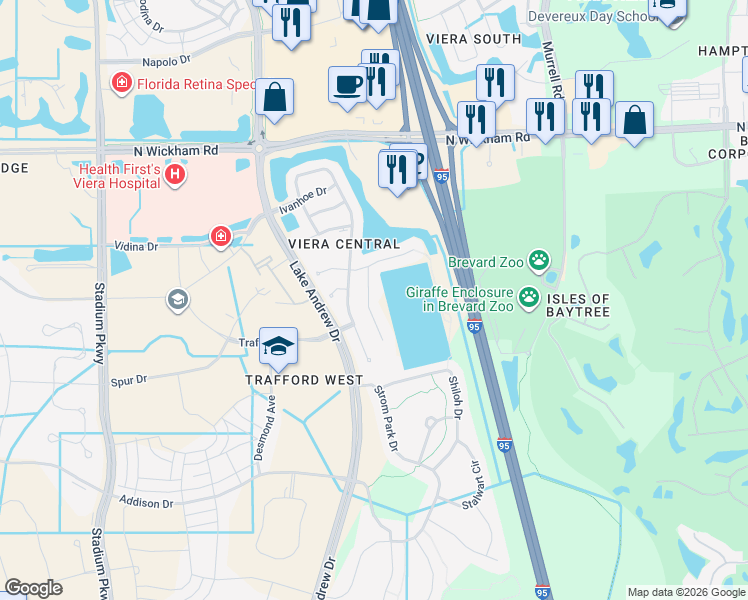map of restaurants, bars, coffee shops, grocery stores, and more near 723 Lake George Dr in Melbourne