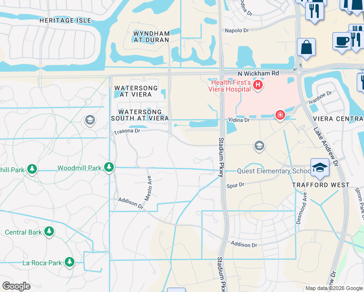 map of restaurants, bars, coffee shops, grocery stores, and more near 2733 Trasona Drive in Melbourne