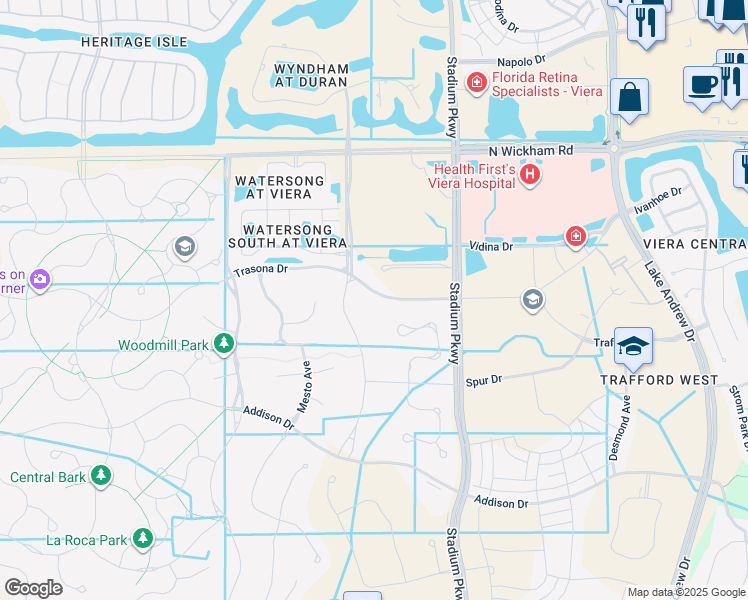 map of restaurants, bars, coffee shops, grocery stores, and more near 2733 Trasona Drive in Melbourne