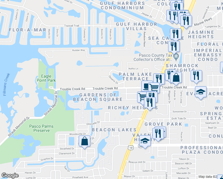 map of restaurants, bars, coffee shops, grocery stores, and more near 4475 Tucker Square in New Port Richey