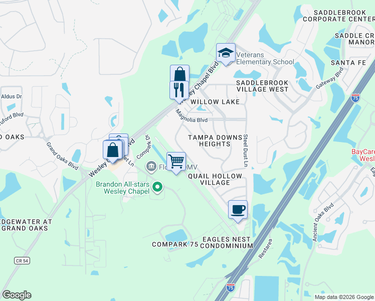 map of restaurants, bars, coffee shops, grocery stores, and more near 4616 Birdsong Boulevard in Lutz