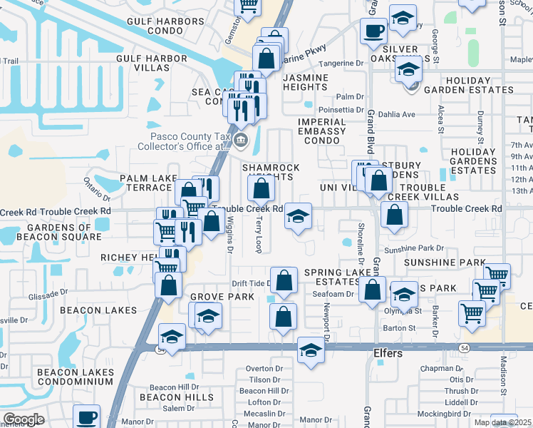 map of restaurants, bars, coffee shops, grocery stores, and more near 5116 Trouble Creek Road in Port Richey