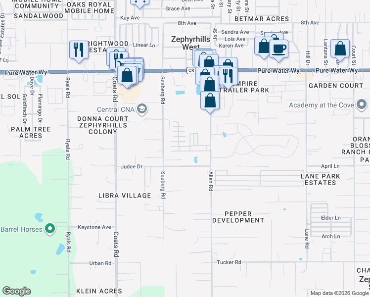 map of restaurants, bars, coffee shops, grocery stores, and more near 36922 Billiard Drive in Zephyrhills