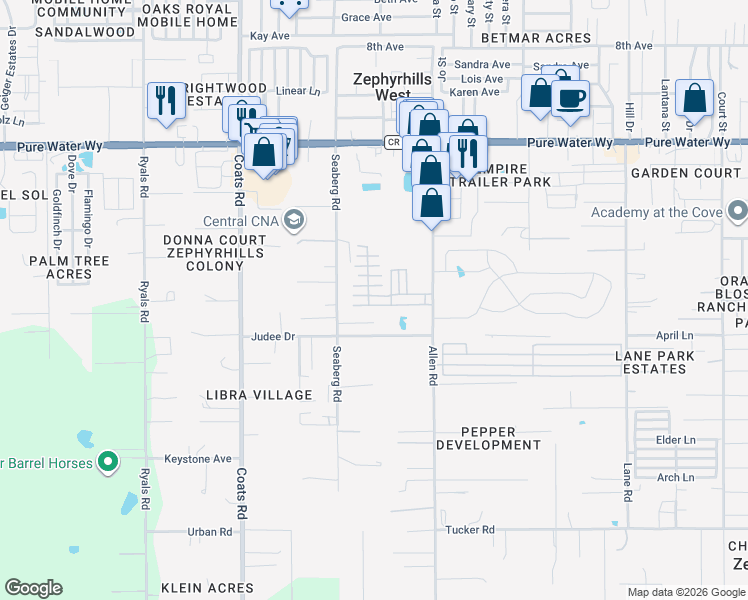 map of restaurants, bars, coffee shops, grocery stores, and more near 36922 Billiard Drive in Zephyrhills
