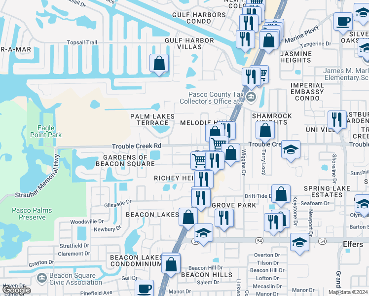 map of restaurants, bars, coffee shops, grocery stores, and more near 4636 Trouble Creek Road in Port Richey