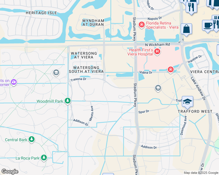 map of restaurants, bars, coffee shops, grocery stores, and more near 2733 Trasona Drive in Melbourne