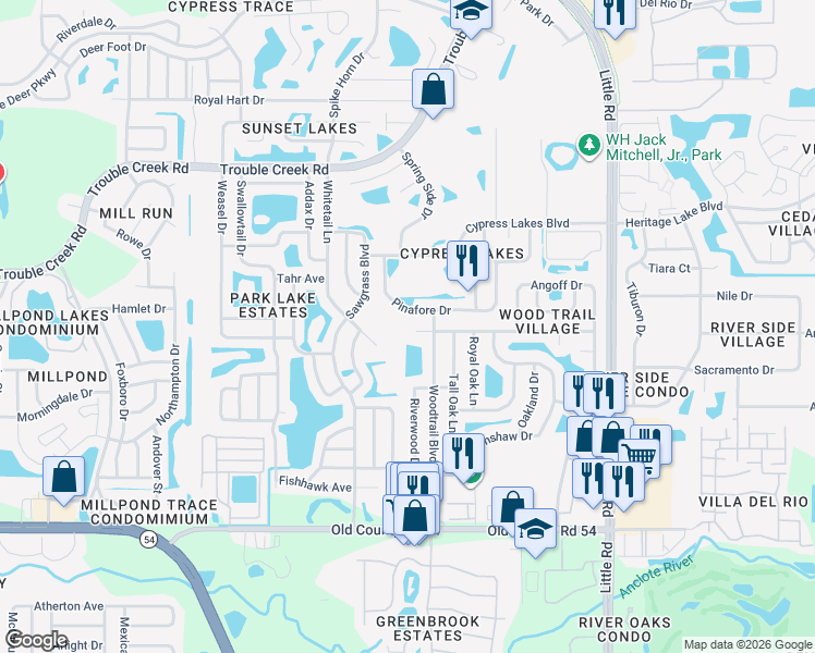 map of restaurants, bars, coffee shops, grocery stores, and more near 8513 Gum Tree Avenue in New Port Richey