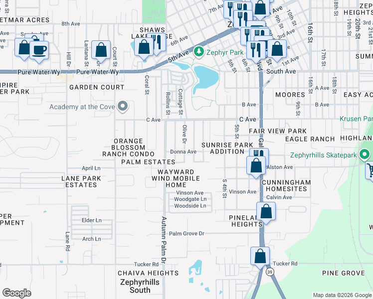 map of restaurants, bars, coffee shops, grocery stores, and more near 4550 Olive Drive in Zephyrhills