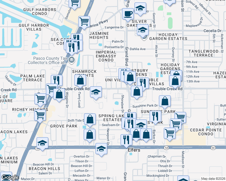 map of restaurants, bars, coffee shops, grocery stores, and more near 5338 Trouble Creek Road in New Port Richey