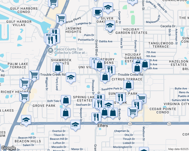 map of restaurants, bars, coffee shops, grocery stores, and more near 4449 Grand Boulevard in New Port Richey