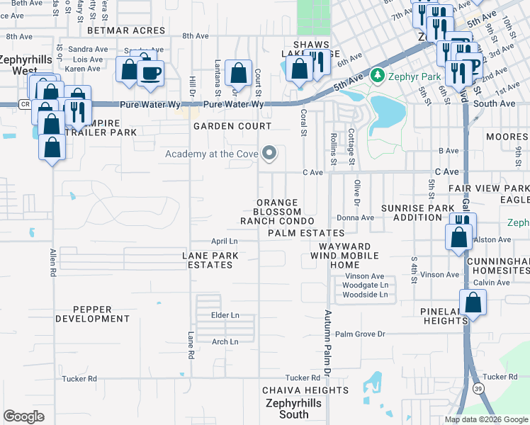 map of restaurants, bars, coffee shops, grocery stores, and more near 37722 Alissa Drive in Zephyrhills