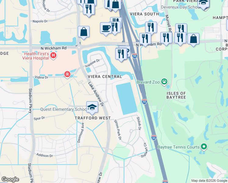 map of restaurants, bars, coffee shops, grocery stores, and more near 703 Lake George Drive in Melbourne