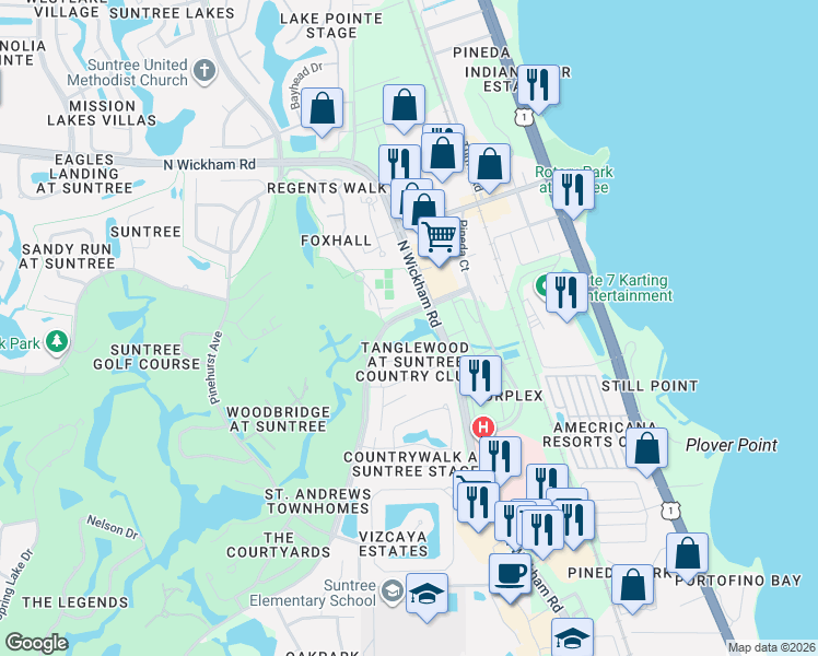 map of restaurants, bars, coffee shops, grocery stores, and more near 6884 North Wickham Road in Melbourne