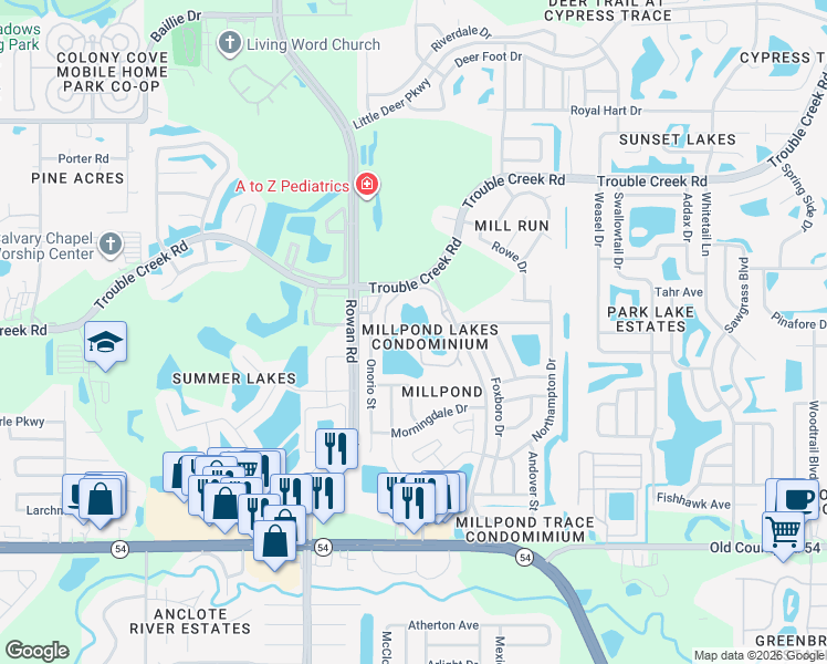map of restaurants, bars, coffee shops, grocery stores, and more near 4407 Whitton Way in New Port Richey