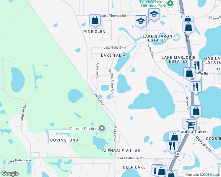map of restaurants, bars, coffee shops, grocery stores, and more near 4603 Walnut Ridge Road in Land O' Lakes