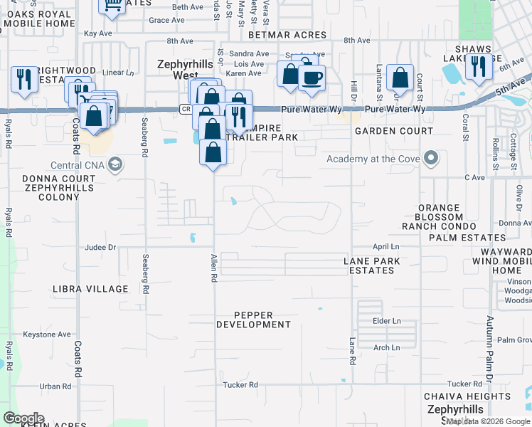 map of restaurants, bars, coffee shops, grocery stores, and more near 4706 Lamar Rd in Zephyrhills
