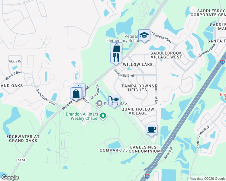 map of restaurants, bars, coffee shops, grocery stores, and more near 4639 Birdsong Boulevard in Lutz