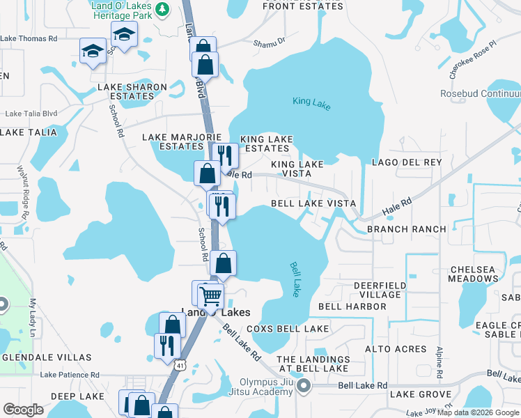 map of restaurants, bars, coffee shops, grocery stores, and more near 21832 Hale Road in Land O' Lakes