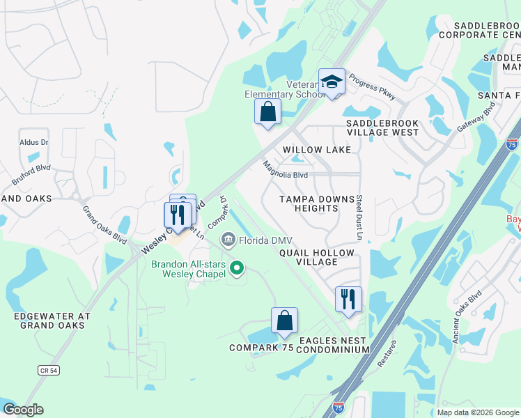 map of restaurants, bars, coffee shops, grocery stores, and more near 4639 Birdsong Boulevard in Lutz