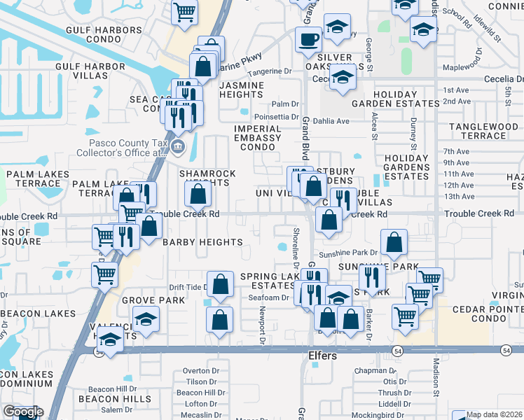 map of restaurants, bars, coffee shops, grocery stores, and more near 5312 Trouble Creek Road in New Port Richey