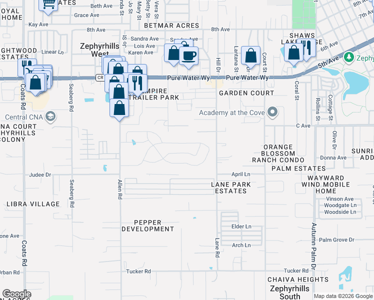 map of restaurants, bars, coffee shops, grocery stores, and more near 37377 Angel Wings Avenue in Zephyrhills