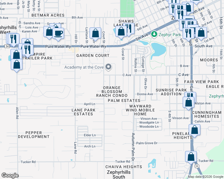 map of restaurants, bars, coffee shops, grocery stores, and more near 4607 Blossom Boulevard in Zephyrhills
