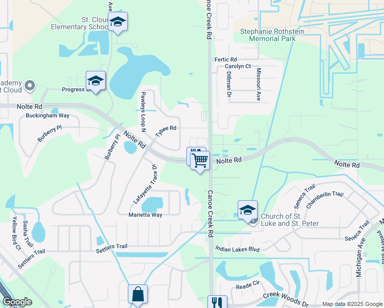 map of restaurants, bars, coffee shops, grocery stores, and more near 3582 Sanctuary Drive in Saint Cloud