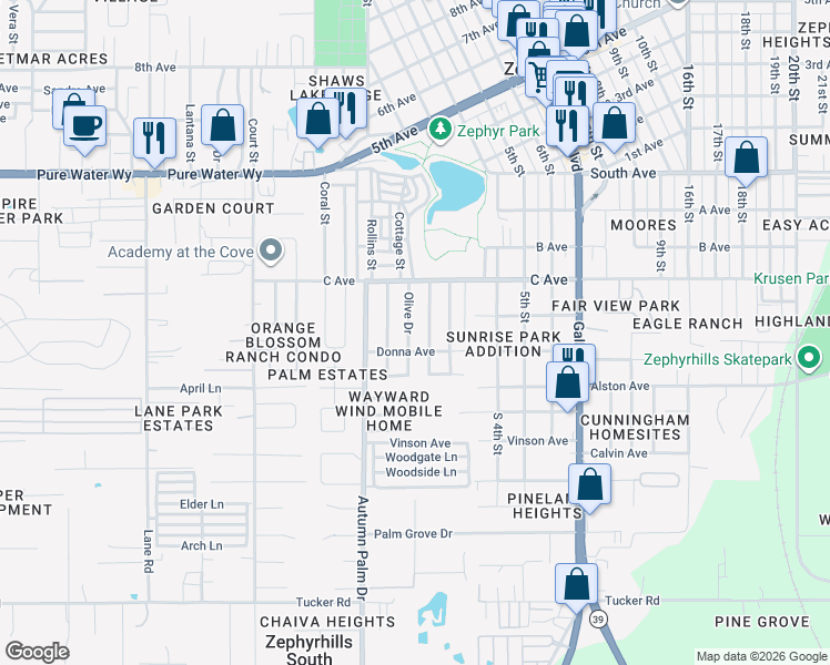 map of restaurants, bars, coffee shops, grocery stores, and more near 4550 Olive Drive in Zephyrhills