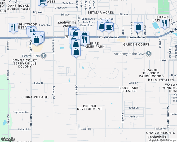 map of restaurants, bars, coffee shops, grocery stores, and more near 4575 Allen Road in Zephyrhills
