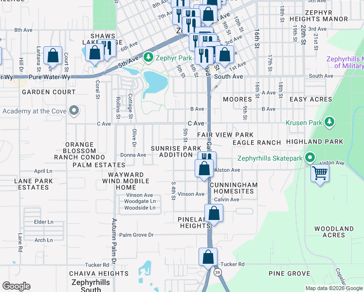 map of restaurants, bars, coffee shops, grocery stores, and more near 4617 5th Street in Zephyrhills