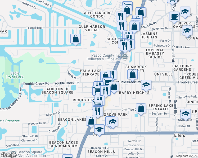 map of restaurants, bars, coffee shops, grocery stores, and more near 4540 Irene Loop in Port Richey