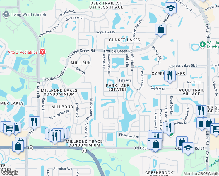 map of restaurants, bars, coffee shops, grocery stores, and more near 4545 Swallowtail Drive in New Port Richey