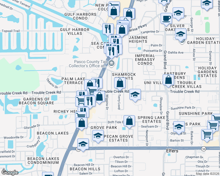 map of restaurants, bars, coffee shops, grocery stores, and more near 4542 Pirate Place in New Port Richey