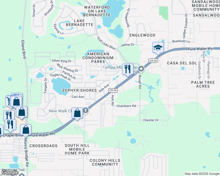 map of restaurants, bars, coffee shops, grocery stores, and more near 35233 Florida 54 in Zephyrhills