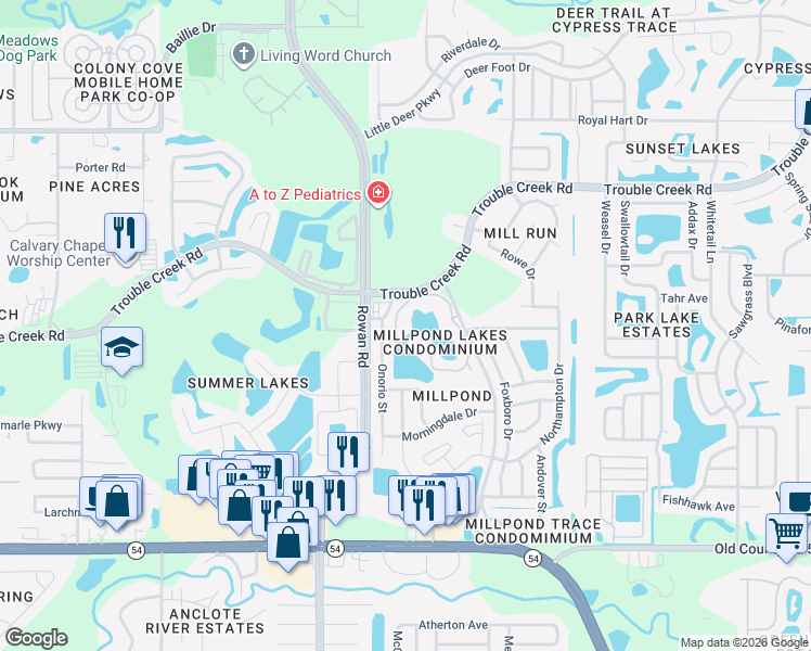 map of restaurants, bars, coffee shops, grocery stores, and more near 4549 Whitton Way in New Port Richey
