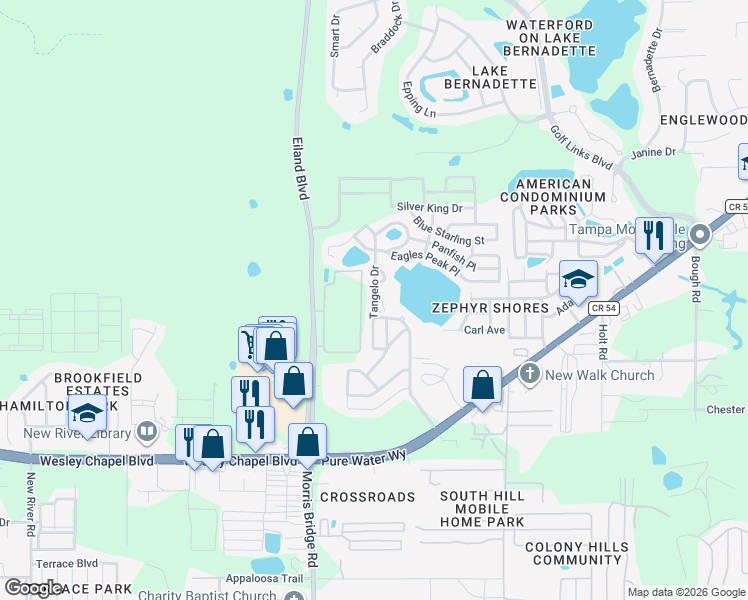 map of restaurants, bars, coffee shops, grocery stores, and more near Tangelo Dr in Zephyrhills