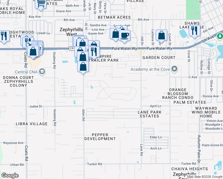 map of restaurants, bars, coffee shops, grocery stores, and more near 4713 Lamar Road in Zephyrhills