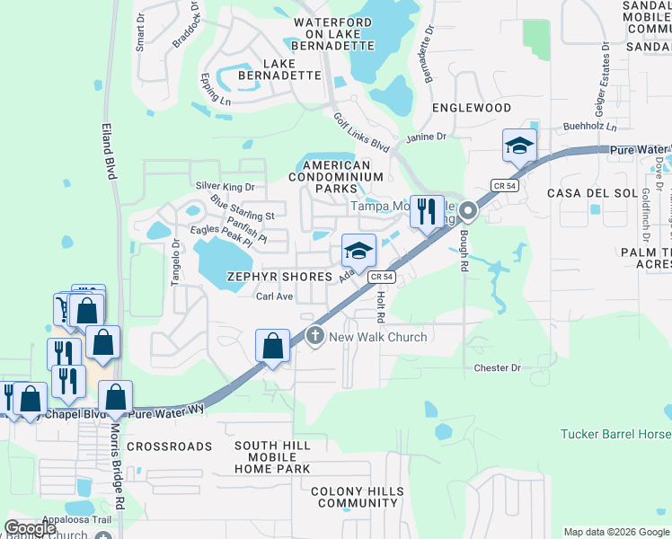 map of restaurants, bars, coffee shops, grocery stores, and more near 4704 Madison Avenue in Zephyrhills