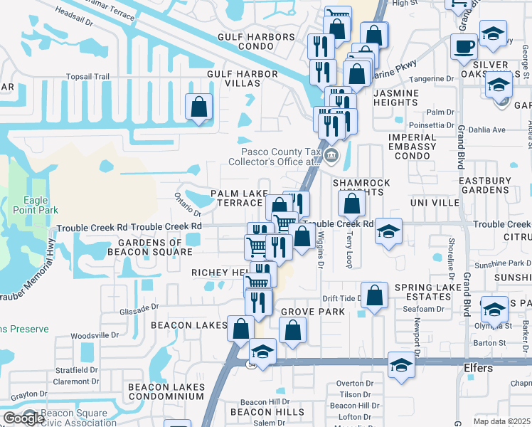 map of restaurants, bars, coffee shops, grocery stores, and more near 4540 Irene Loop in Port Richey