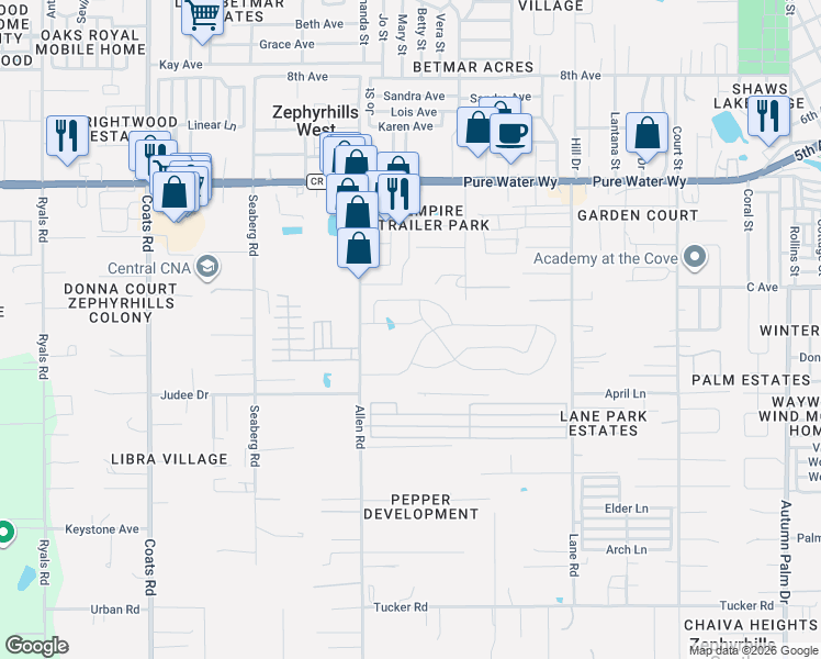 map of restaurants, bars, coffee shops, grocery stores, and more near 4713 Lamar Road in Zephyrhills