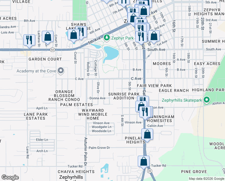 map of restaurants, bars, coffee shops, grocery stores, and more near 4648 Charter Street in Zephyrhills